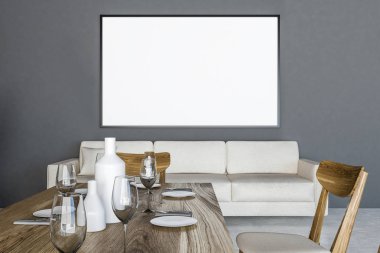 Gri duvarlar, beton zemin, uzun ahşap masa sandalye ve uzun beyaz kanepe ile şık yemek odası iç. Poster çerçevesi kadar yatay sahte. 3D render