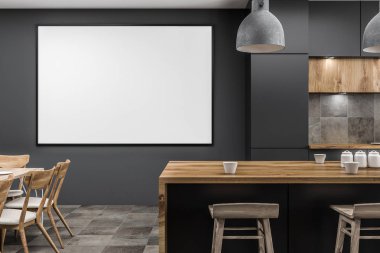 Şık mutfak Gri duvarlar, kiremitli kat, sandalyeler, ahşap ile uzun tablo ve gri sayaçları ve bar ile kapatın. Poster 3d render kadar yatay sahte