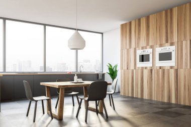 Kiremitli kat, gri mutfak tezgahı ile panoramik mutfak köşe masa gri sandalye ile kare ve fırınlar içinde inşa. 3D render