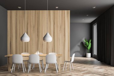 Önden Görünümü gri ve ahşap duvarlar ile modern dining room, ahşap masa gri sandalye ve büyük pencereler ile. 3D render