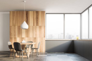 Beyaz ve ahşap mutfak iç döşeme zemin, geniş pencere, gri mutfak tezgahı ve gri sandalye ile ahşap masa. 3D render