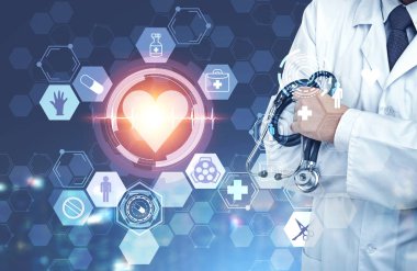 Tanınmayan adam doktor stetoskop bir holding. Kalp ve tıbbi simgeler ön planda. Çift tonlu görüntü pozlaması