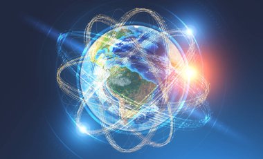 Dünya bu hud arayüzü üzerinde koyu mavi arka plan ile atom çekirdeği olarak. Küresel Dünya kavramı. 3D render resim çift pozlama Nasa tarafından döşenmiş bu görüntü unsurları tonda