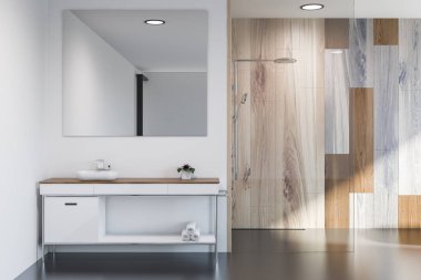 Modern banyo iç duvarlı, gri ve ahşap büyük kare ayna ile lavabo ve duş kabini. 3D render