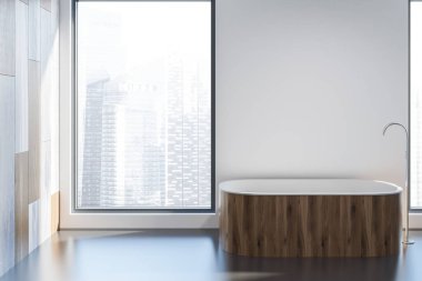 Loft banyo iç beyaz ve ahşap duvarlar ile çatı penceresi bir cityscape ve gri zemin ahşap küvet ayakta. 3D render