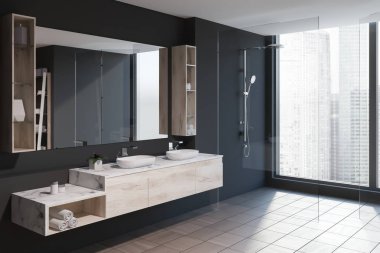 Modern banyo köşesi ile gri duvarlar, kiremitli kat, çift lavabo ayakta ahşap tezgah ve duş çatı penceresi yakınındaki beyaz. 3D render