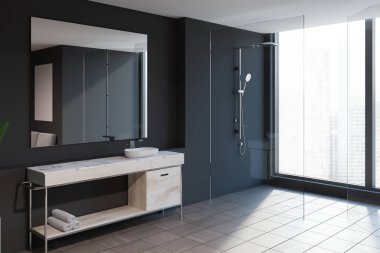 Modern banyo iç ahşap tezgah ve duş çatı penceresi yakınındaki ayakta beyaz lavabo ile gri duvarlar, kiremitli kat, yan görünüm. 3D render