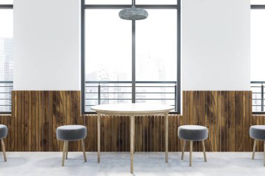 Beyaz ve ahşap duvarlar, gri zemin, büyük pencereler ahşap masa küçük gri sandalye ile yuvarlak ve ile cityscape modern kafe iç. 3D render.