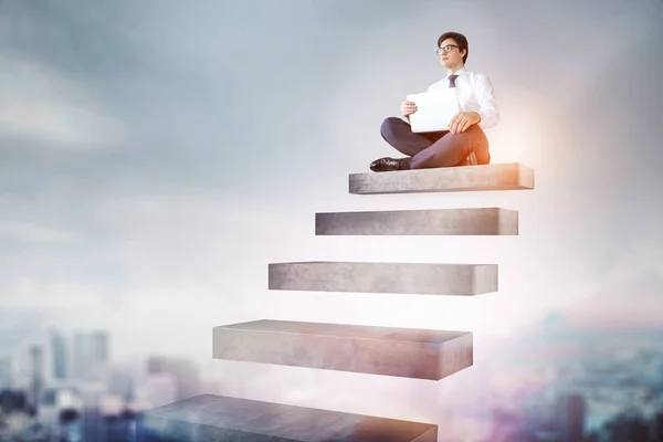 Young Businessman Glasses Laptop Sitting Stairs City Sky Concept Career — Stock Photo, Image