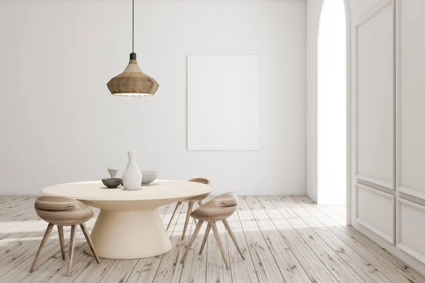 Moderne Eetkamer Interieur Met Witte Muren Houten Vloer Ronde Tafel — Stockfoto