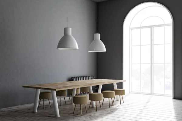 Modern Dining Room Corner Gray Walls Wooden Floor Long Table — Stock Photo, Image