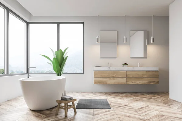 Side View Modern Bathroom Interior White Walls Wooden Floor Window — Stock Photo, Image