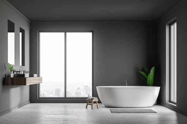 阁楼浴室内有灰色墙壁 混凝土地板 白色浴缸和两个垂直镜子的双水槽侧面视图 — 图库照片