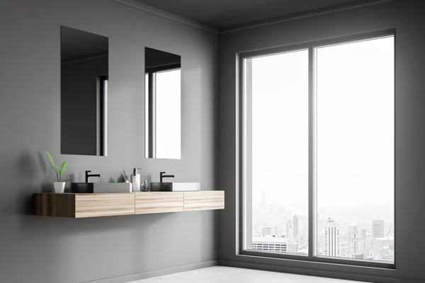 Angolo Loft Bagno Interno Con Pareti Grigie Pavimento Cemento Doppio — Foto Stock