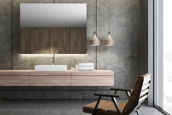 Cocnrete 壁のバスルームで頭上水平方向鏡白角シンク木製カウンターの上に立ってのクローズ アップ 革張りのアームチェア レンダリング — ストック写真