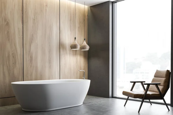 Bathroom Corner Wooden Walls Concrete Floor White Bathtub Leather Armchair — Stock Photo, Image