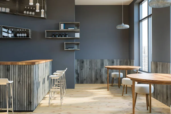 Bar Intérieur Moderne Avec Murs Gris Tables Rondes Bois Petites — Photo