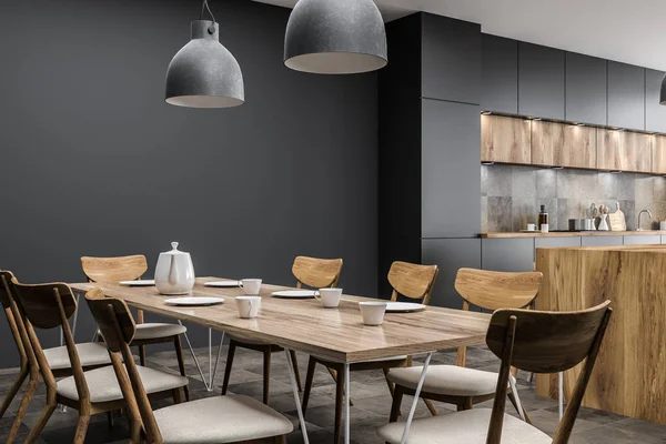 Dining Room Interior Gray Walls Long Wooden Table Chairs Two — Stock Photo, Image