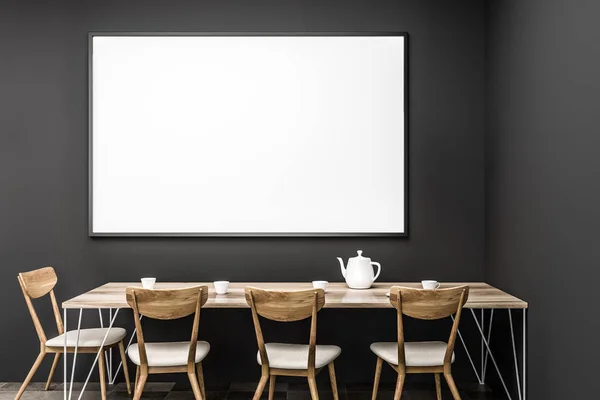 Dining Room Interior Gray Walls Long Wooden Table Chairs Two — Stock Photo, Image