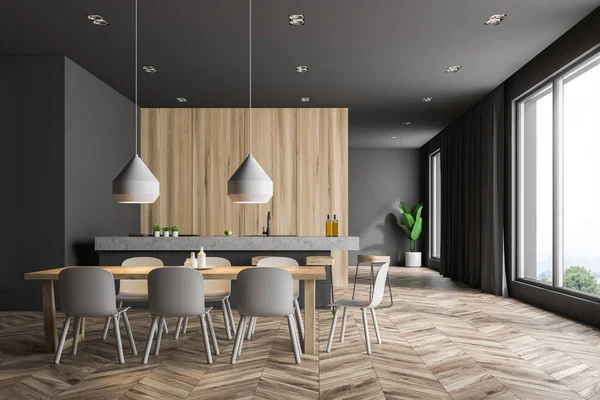 Modern Dining Room Ile Gri Ahşap Duvarlar Ahşap Masa Gri — Stok fotoğraf