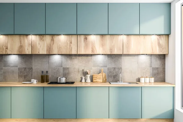 Front View Green Kitchen Countertop Built Sink Wooden Cupboards Hanging — Stock Photo, Image