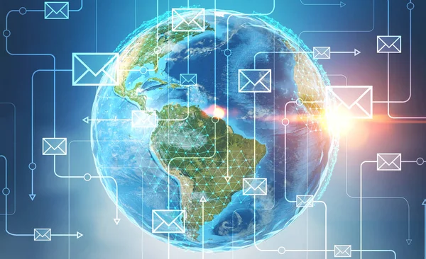Glowing email icons and arrows against digital earth over dark blue background. 3d rendering toned image double exposure Elements of this image furnished by NASA