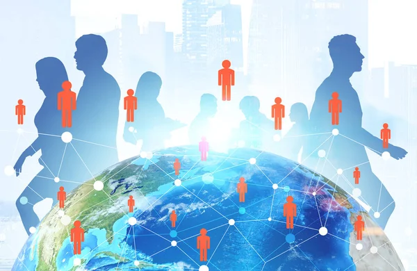 People City Network Earth Morning Cityscape Background Business People Silhouettes — Stock Photo, Image