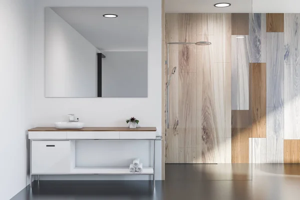 Moderní Koupelny Interiér Šedou Dřevěné Stěny Dřez Velké Čtvercové Zrcadlo — Stock fotografie