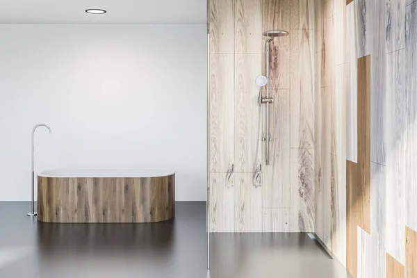 Interior Baño Moderno Con Paredes Blancas Madera Suelo Gris Bañera — Foto de Stock