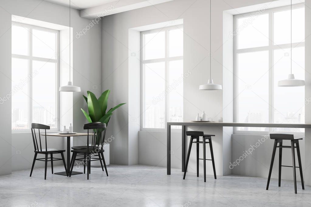 Corner of modern cafe with white walls, gray floor, many windows and wooden tables with round chairs. Narrow tables with stools. 3d rendering