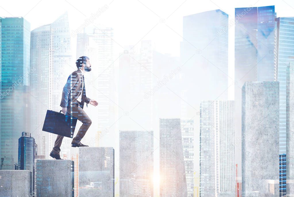Side view of businessman with suitcase climbing bar chart in modern city. Concept of career ladder and business success. Toned image double exposure