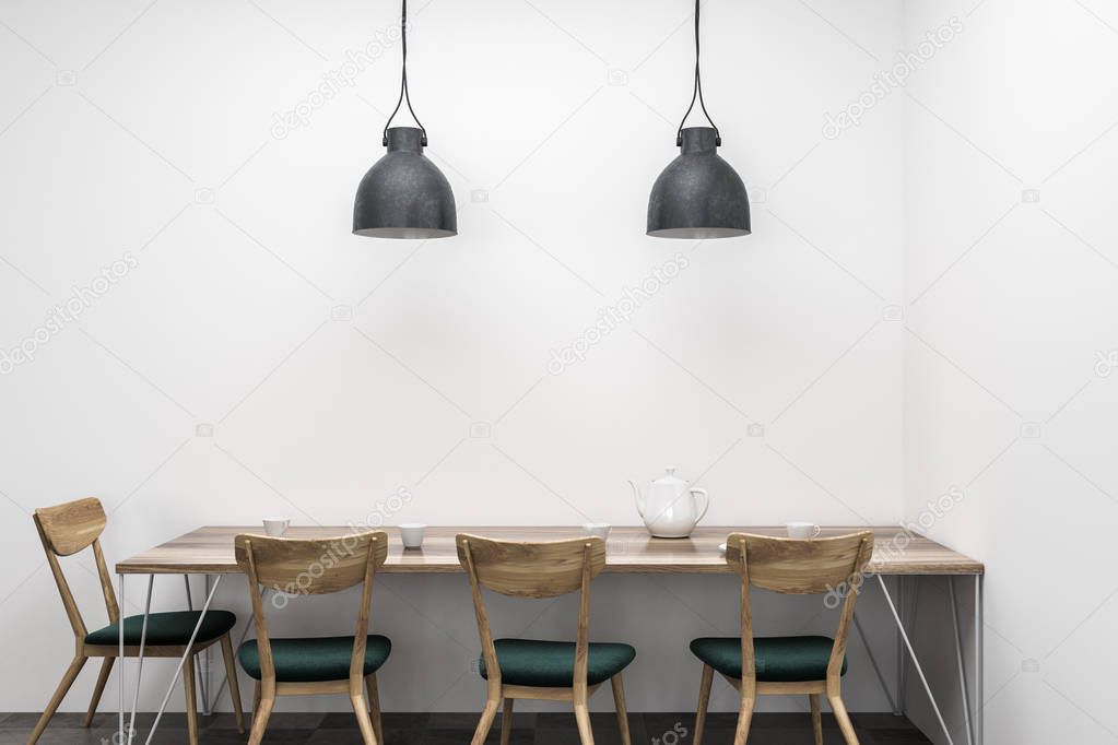 Dining room interior with white walls and long wooden table with chairs and two ceiling lamps hanging above it. 3d rendering