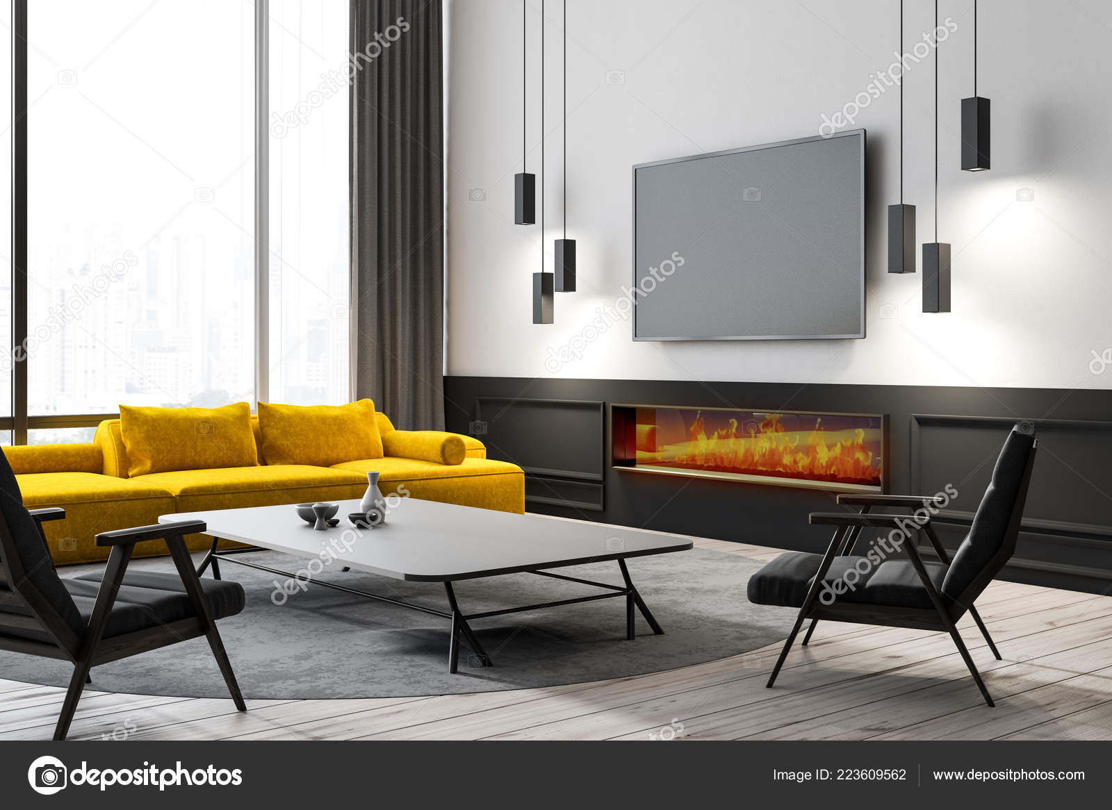 Modern Living Room Corner White Walls Wooden Floor Yellow