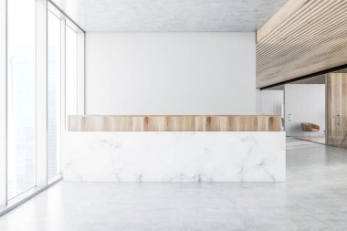 Beyaz duvarları, mermer resepsiyon masası, beton zemin ve panoramik pencereler ile modern ofis resepsiyon alanı. 3D render