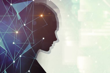 Kadın baş siluet ışık gri arka plan üzerinde içinde parlayan ağ hologram ile. Merhaba teknoloji kavramı. Resim sahte tonda