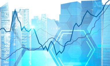 Modern cityscape diyagramının çift pozlama ile. Borsa ve ticaret kavramı. 3D render tonlu görüntü