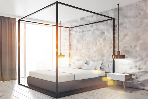 Hoek Van Moderne Slaapkamer Met Ruwe Witte Muren Betonnen Vloer — Stockfoto