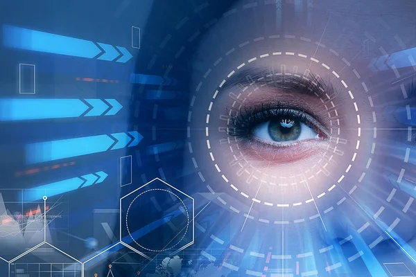 Beautiful Woman Eye Hud Blue Arrows Going Concept Tech Future — Stock Photo, Image