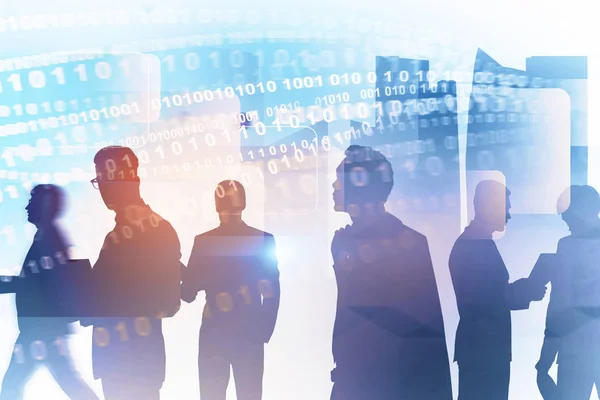 Business Team Silhouettes Cityscape Background Immersive Interface Binary Numbers Foreground — Stock Photo, Image