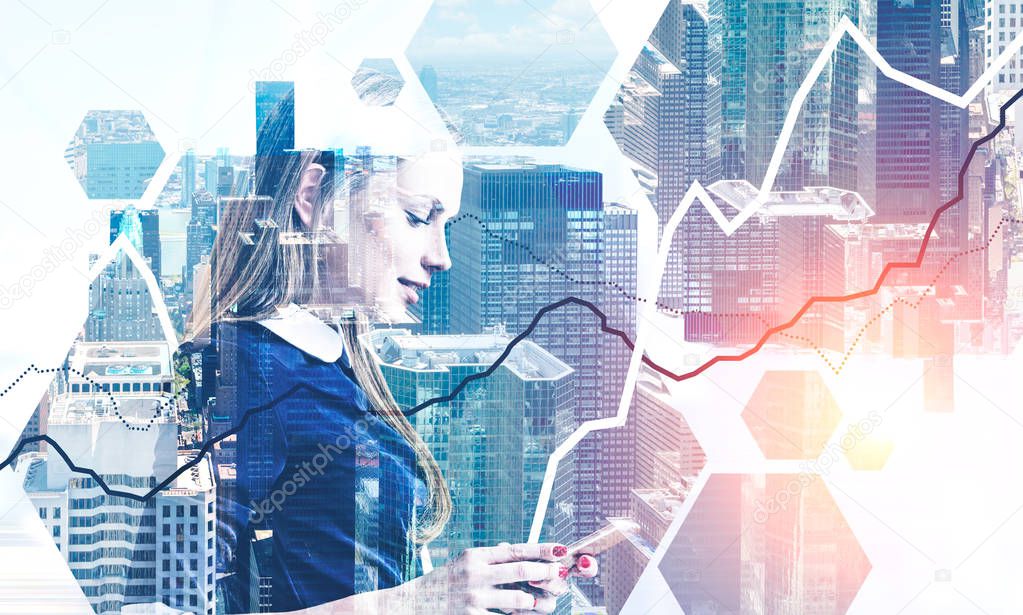 Side view of blonde businesswoman with smartphone standing over cityscape background with digrams in the foreground. Stock market concept. Toned image double exposure
