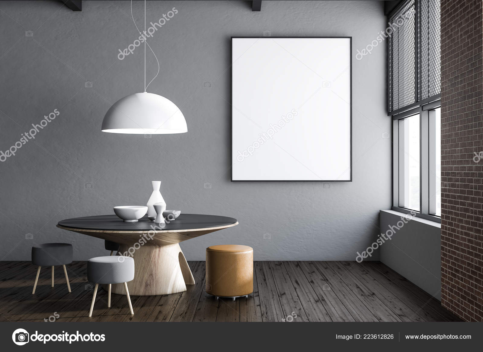 Light Gray Wall Restaurant Interior Wooden Floor Table Small