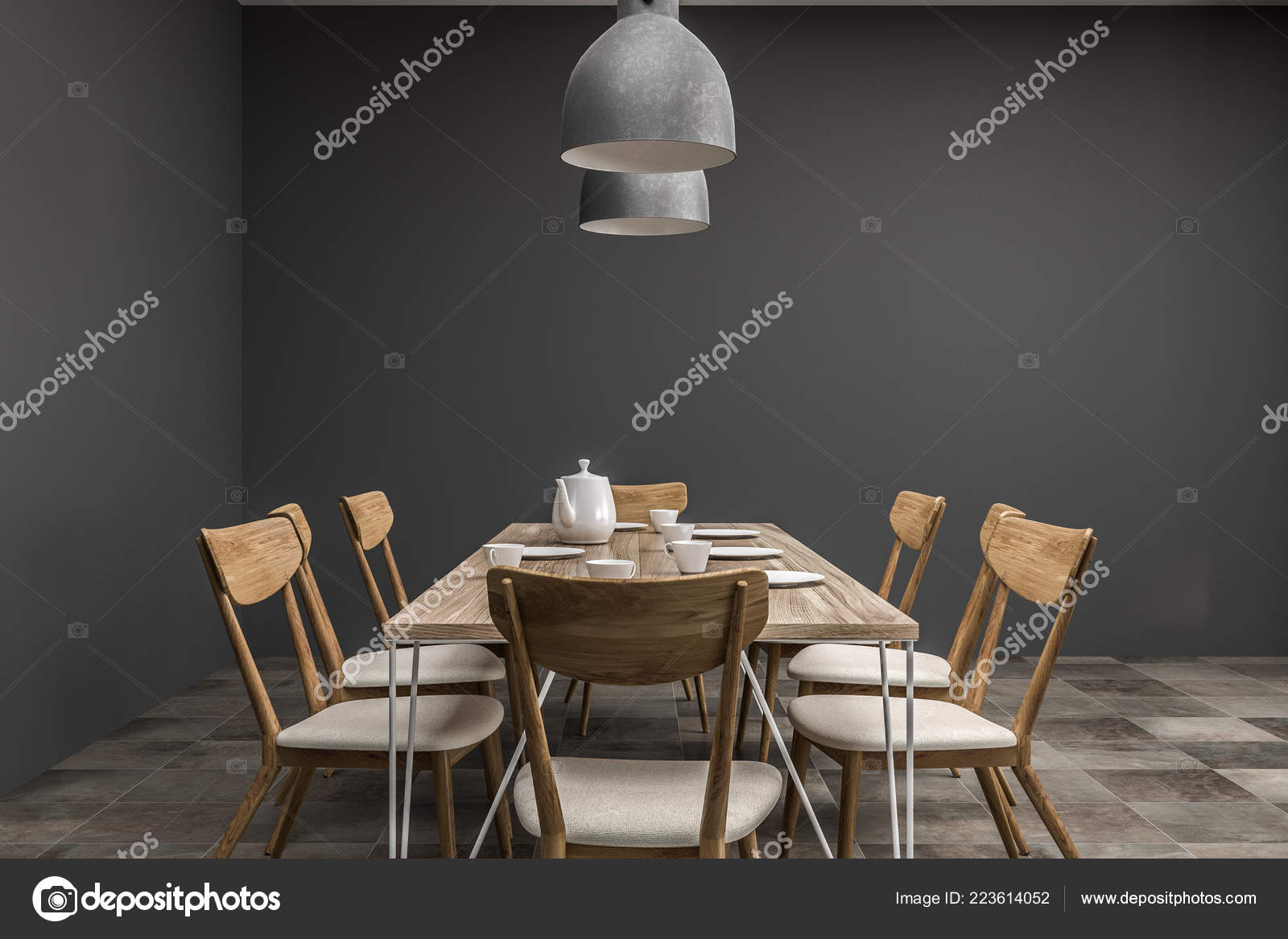 Dining Room Interior Gray Walls Long, Hanging Two Lights Over Dining Room Table And Chairs