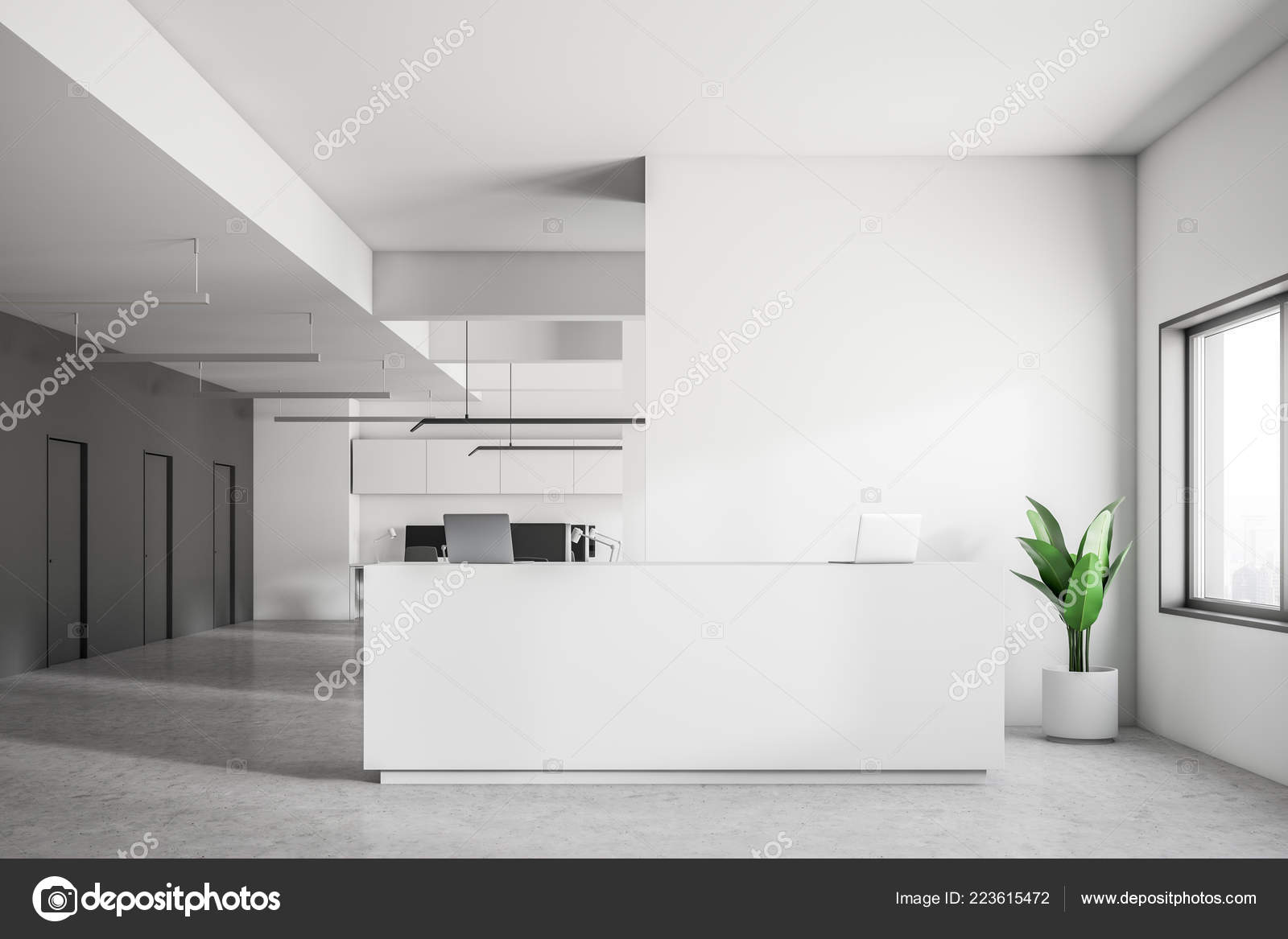 White Reception Desk Two Laptops Standing Modern Company Office