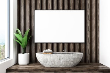 Koyu ahşap duvarlar ve zemin, beton küvet, bir saksı bitki ve duvardaki poster çerçevesi kadar yatay sahte ile modern banyo iç. 3D render