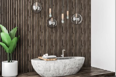 Koyu ahşap ve beyaz duvarlar, ahşap seramik zemin ve tavan lambaları yukarıda asılı sıra ile taş küvet modern banyo iç. 3D render