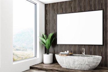 Modern loft banyo koyu ahşap duvarlar ve zemin, beton küvet, saksılı bitki ve poster çerçevesi kadar yatay sahte bir köşesinde duvara. 3D render