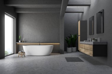 Gri duvarlar ve zemin, çatı penceresi, beyaz küvet ve ahşap tezgah üzerinde duran mermer çift lavabo banyo iç. 3D render