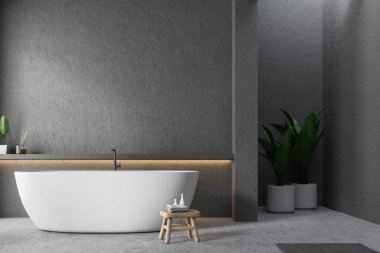 Modern banyo Gri duvarlar, beton zemin ve duvar raf yanında beyaz küvet durduğunu iç. Köşe 3d render Saksı bitkiler