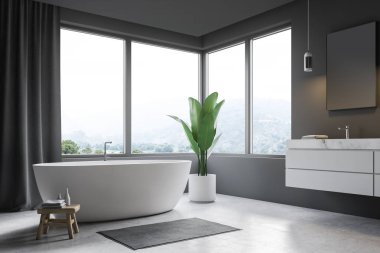 Gri duvarlar, beton zemin, pencere gri perdeli, beyaz küvet ve lavabo ile modern banyo köşesi. 3D render