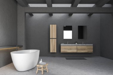 Gri duvarlar ve zemin, beyaz küvet ve ahşap tezgah üzerinde duran mermer çift lavabo banyo yan görünüm. 3D render